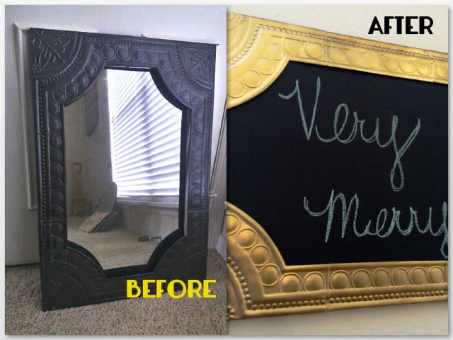 Turn a plain jane mirror into something really special with a little chalkboard paint and some gold spray paint. Instant glamour!